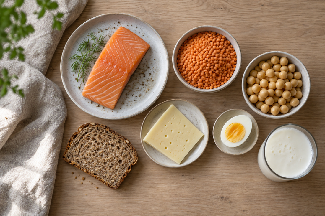 Vanlig mat med protein: lax, linser, kikärter, ost, ägg, fil och fullkornsbröd